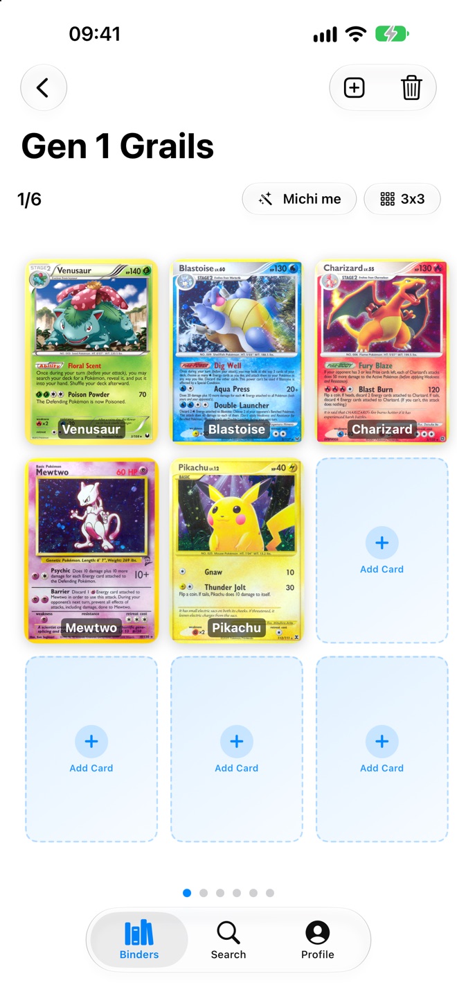 A PokeMichi binder page: a three by three grid of pockets, five filled with cards and four empty with add buttons