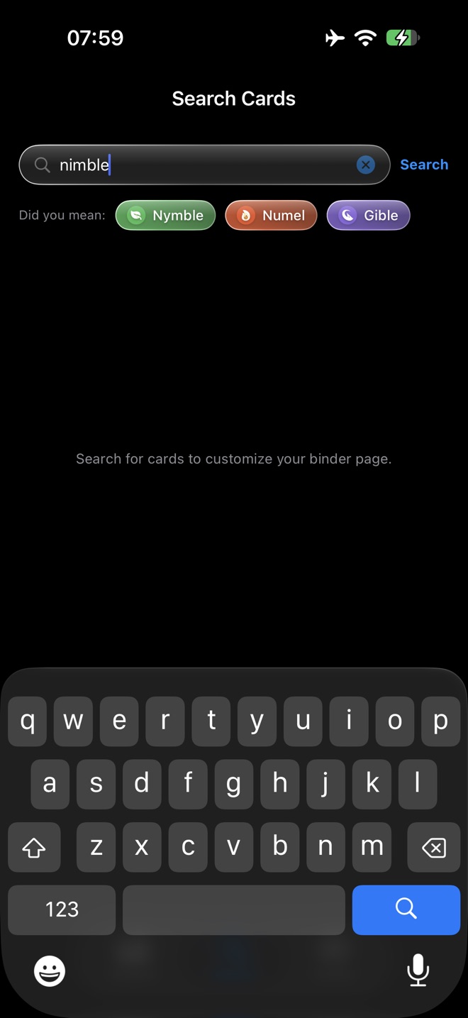 PokeMichi card search in airplane mode with a misspelled query and three Did you mean suggestions