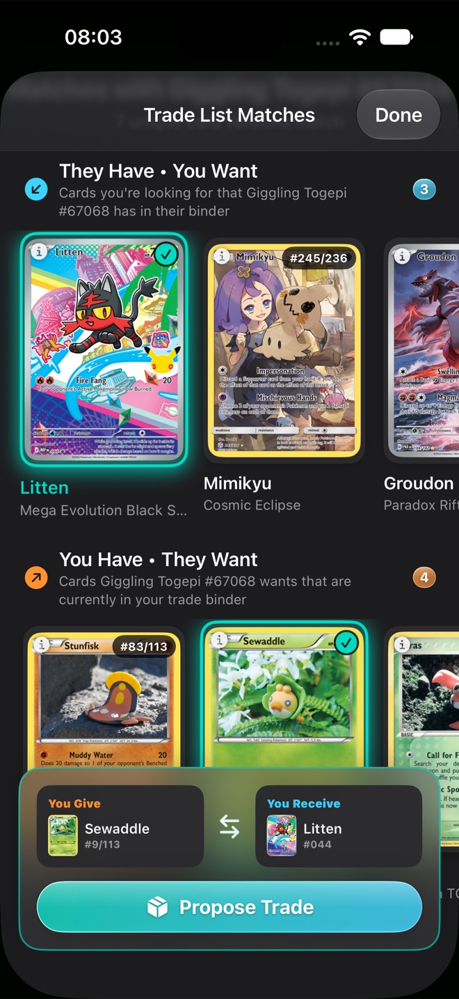 PokeMichi trade list matches: cards the other Trainer has that you want, and cards you have that they want, with a Propose Trade button