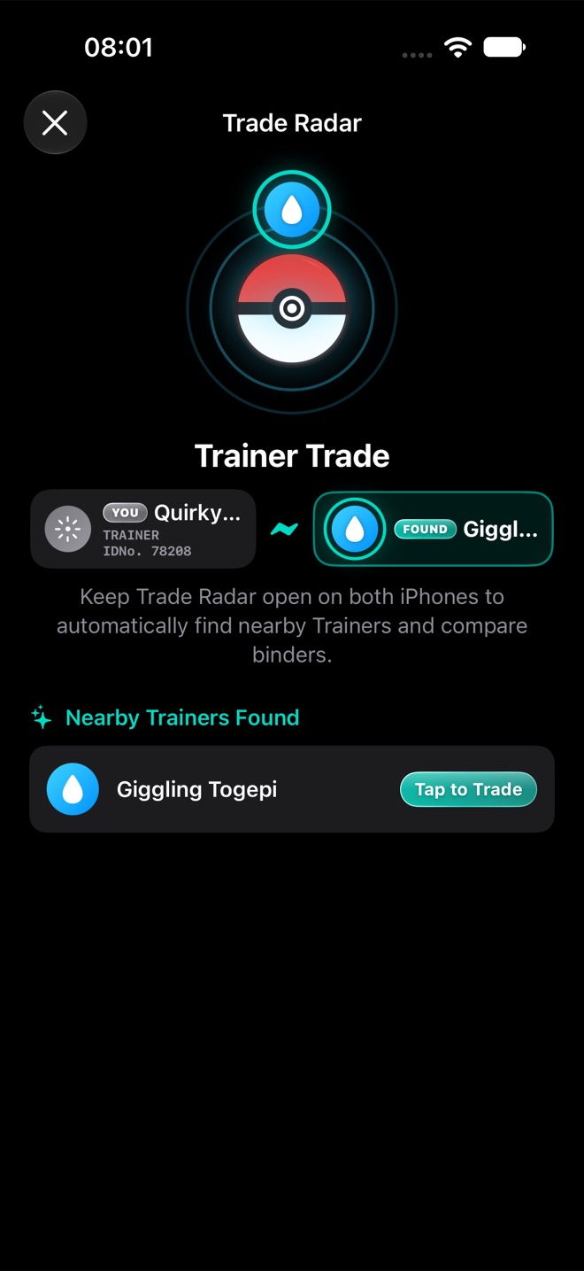 The PokeMichi Trade Radar screen showing a nearby Trainer found, with a Tap to Trade button