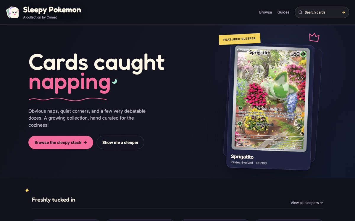 The Sleepy Pokémon website home page: the headline Cards caught napping and a featured card